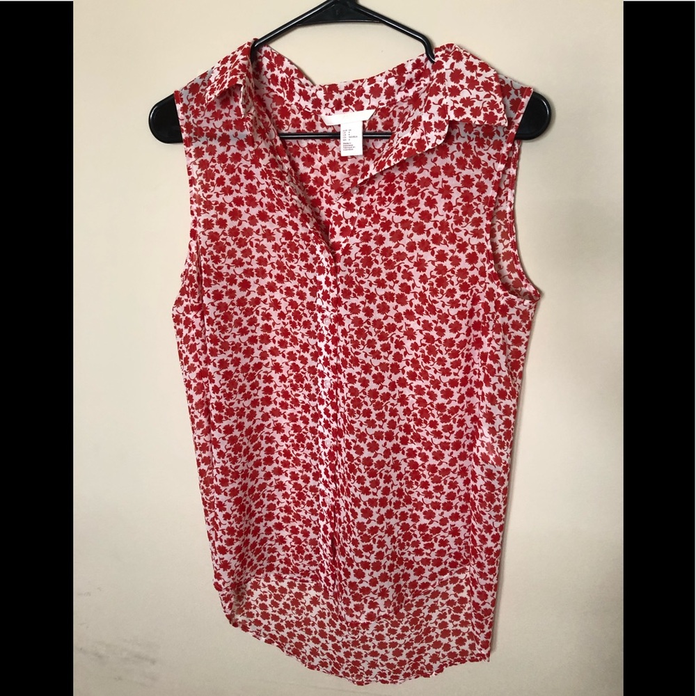 H&M red white floral button down collared tank 4